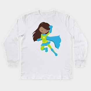 African American Girl, Superhero Girl, Blue Cape Kids Long Sleeve T-Shirt